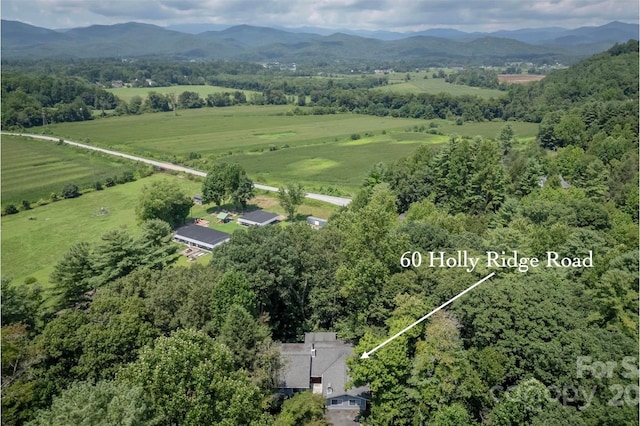 drone / aerial view featuring a rural view and a mountain view