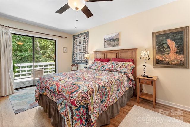 bedroom featuring ceiling fan, access to exterior, and light wood-type flooring