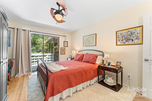 bedroom with ceiling fan, light hardwood / wood-style flooring, and access to outside