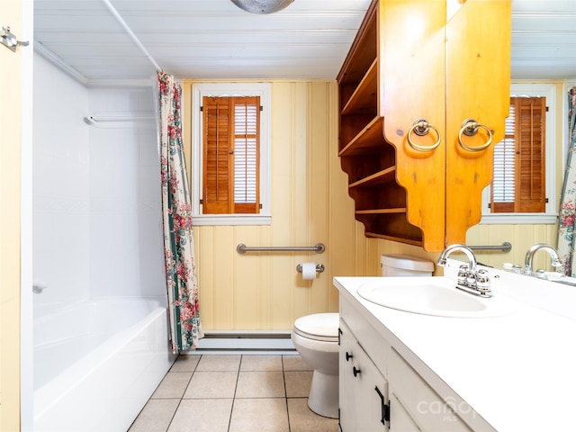 full bathroom with tile patterned floors, vanity, shower / bathtub combination with curtain, and toilet