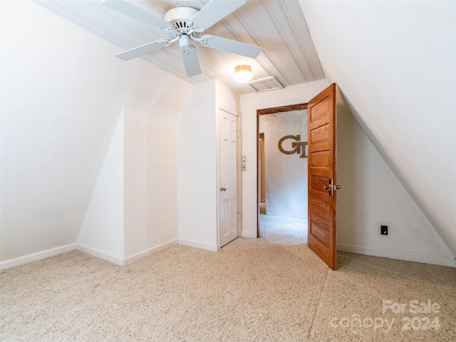 bonus room featuring ceiling fan, lofted ceiling, and carpet floors