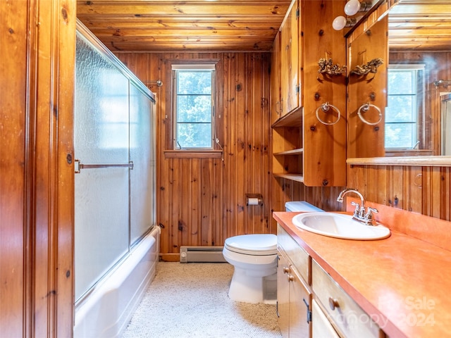 full bathroom featuring wooden ceiling, shower / bath combination with glass door, and wooden walls