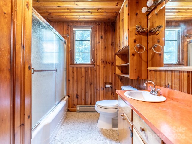 127 Springside Rd, Asheville, NC 28803 - full bathroom with toilet, a baseboard heating unit, wood walls, wood ceiling, and vanity