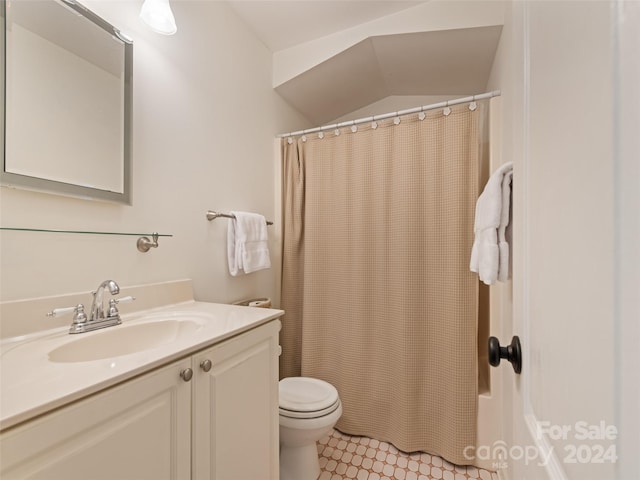 full bathroom with vanity, toilet, shower / bath combination with curtain, and tile patterned flooring