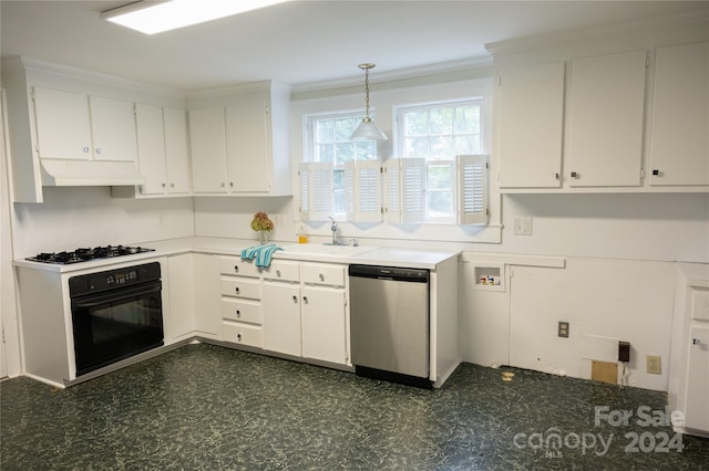 kitchen with white cabinetry, white gas cooktop, dishwasher, and oven