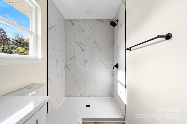 bathroom featuring tiled shower, vanity, and toilet