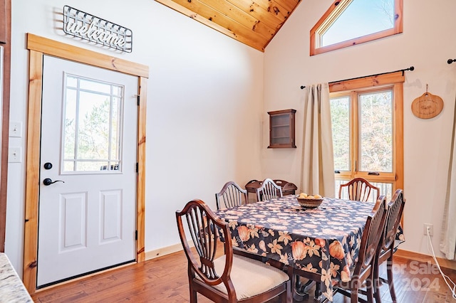 dining space featuring hardwood / wood-style floors, plenty of natural light, and wood ceiling