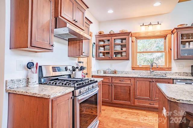 kitchen with sink, light hardwood / wood-style floors, and stainless steel range with gas stovetop