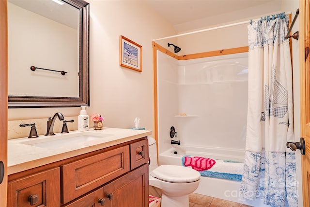 full bathroom featuring tile patterned floors, shower / bath combination with curtain, toilet, and vanity