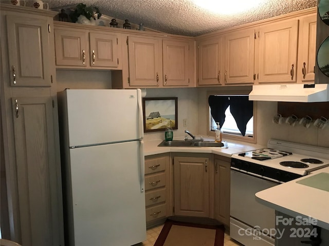 kitchen featuring white appliances, under cabinet range hood, light countertops, and a sink