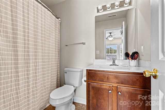 bathroom featuring ceiling fan, vanity, tile patterned flooring, and toilet