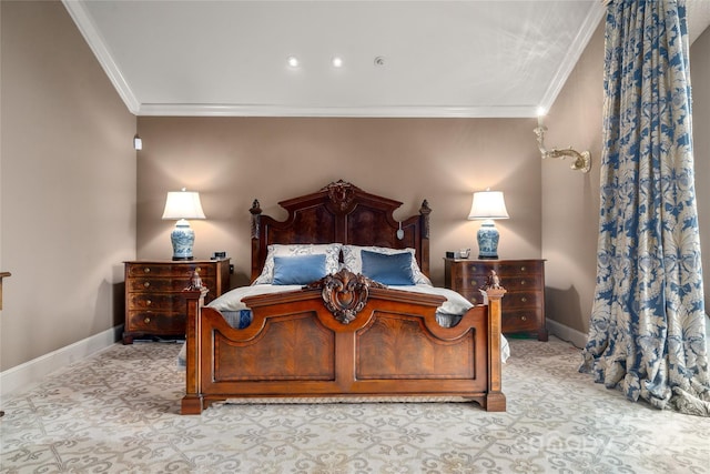 bedroom with crown molding and baseboards