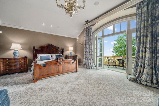 bedroom with a chandelier, visible vents, baseboards, access to exterior, and crown molding