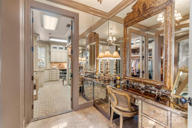 bathroom featuring ornamental molding and decorative backsplash