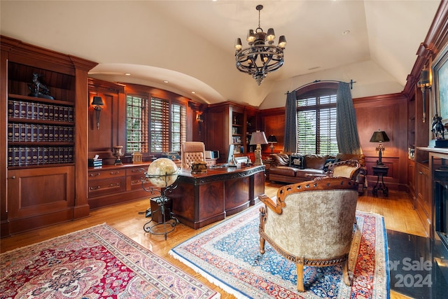 office area with lofted ceiling, light wood finished floors, a chandelier, and recessed lighting