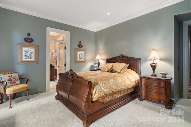 bedroom featuring light carpet, baseboards, and crown molding