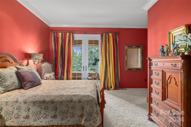 carpeted bedroom featuring french doors, ornamental molding, and access to exterior