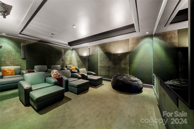 cinema room with a raised ceiling and carpet flooring