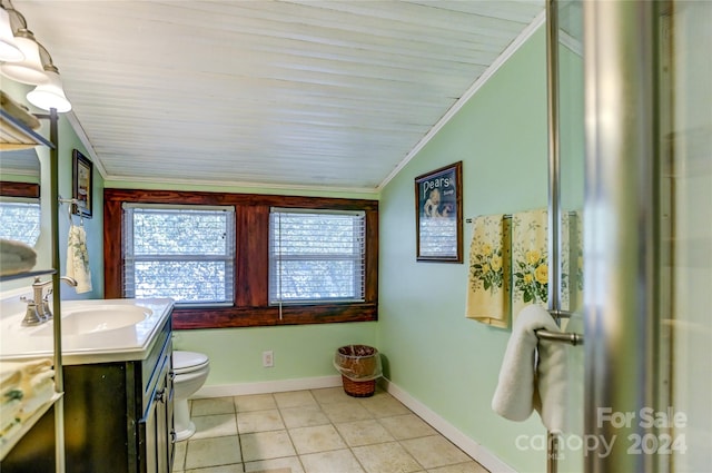 bathroom featuring toilet, vanity, ornamental molding, tile patterned floors, and wooden ceiling