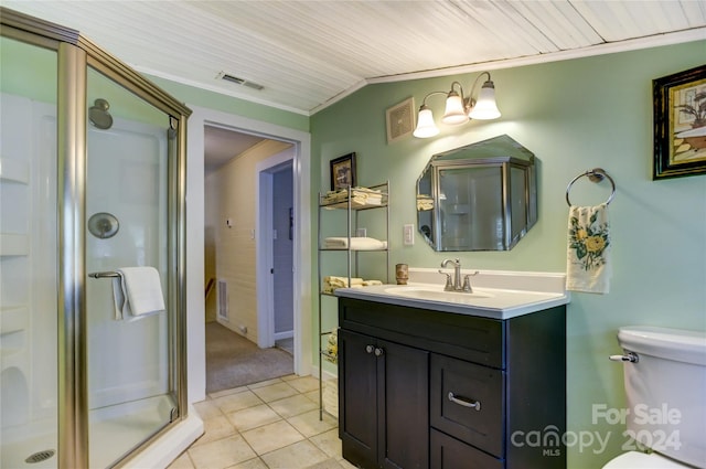 bathroom featuring wood ceiling, toilet, an enclosed shower, vanity, and tile patterned floors