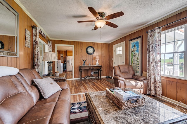 living area with a textured ceiling, ornamental molding, wood finished floors, and wooden walls