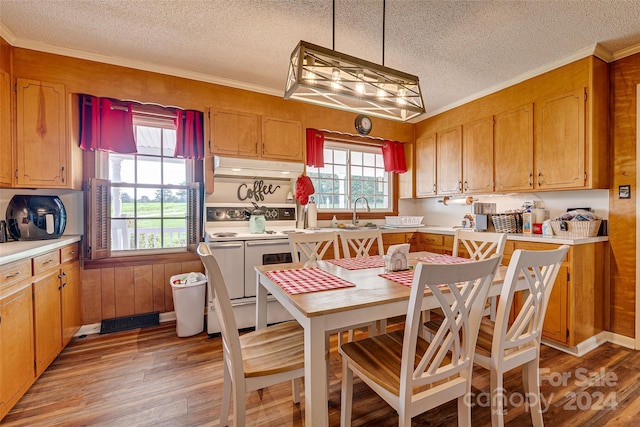 kitchen featuring brown cabinetry, light countertops, and decorative light fixtures