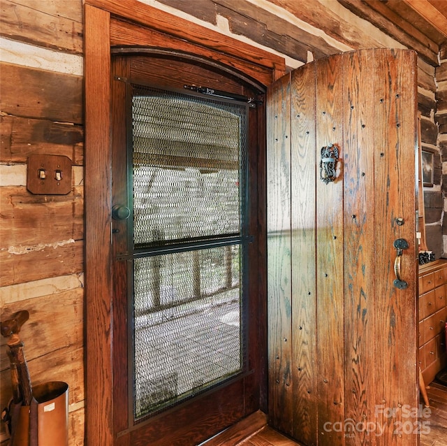 interior details featuring wooden walls