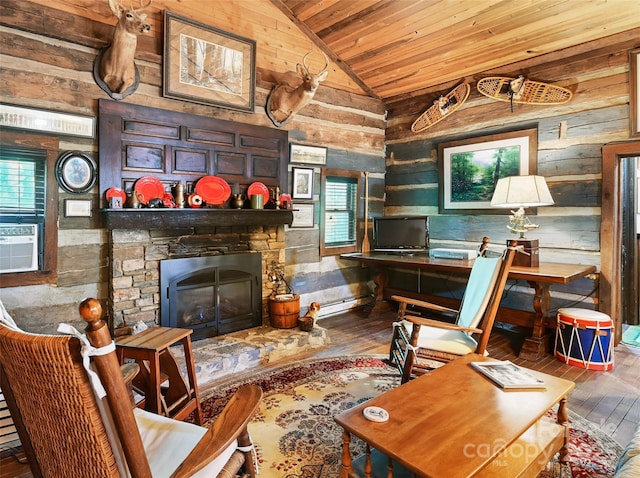 interior space featuring wood walls, wood ceiling, vaulted ceiling, a fireplace, and hardwood / wood-style floors