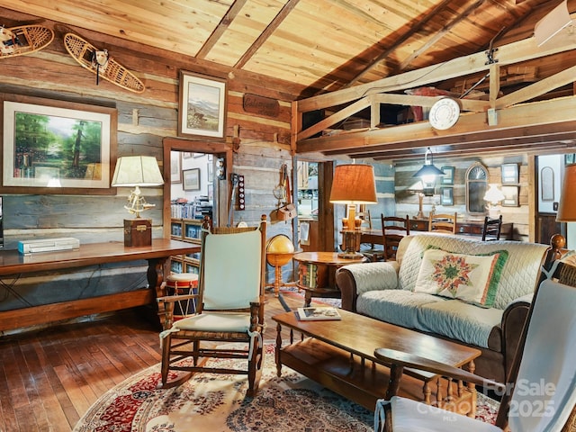 living room featuring vaulted ceiling with beams, wood-type flooring, wooden ceiling, and wood walls