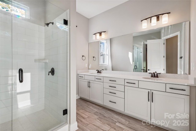 bathroom with plenty of natural light, a sink, and a shower stall