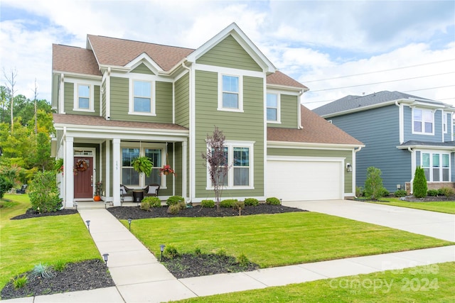 view of front of property with a garage, a front yard, and covered porch