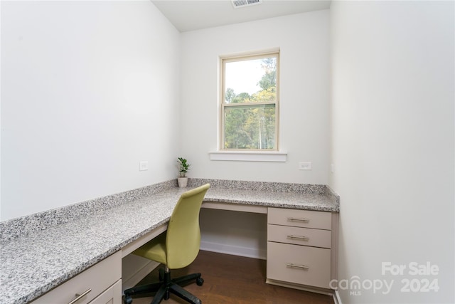 office space with dark wood-type flooring and built in desk