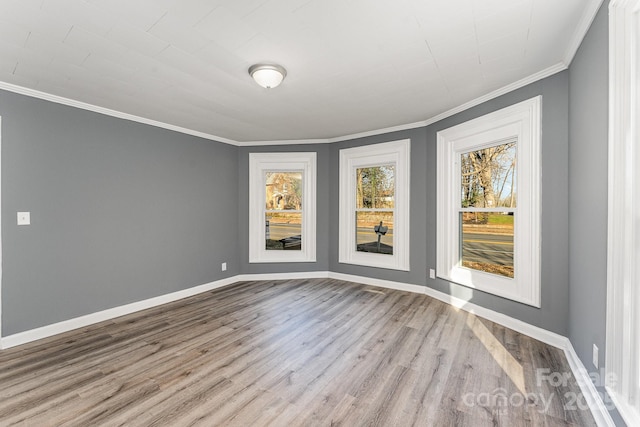 unfurnished room featuring light hardwood / wood-style floors and ornamental molding