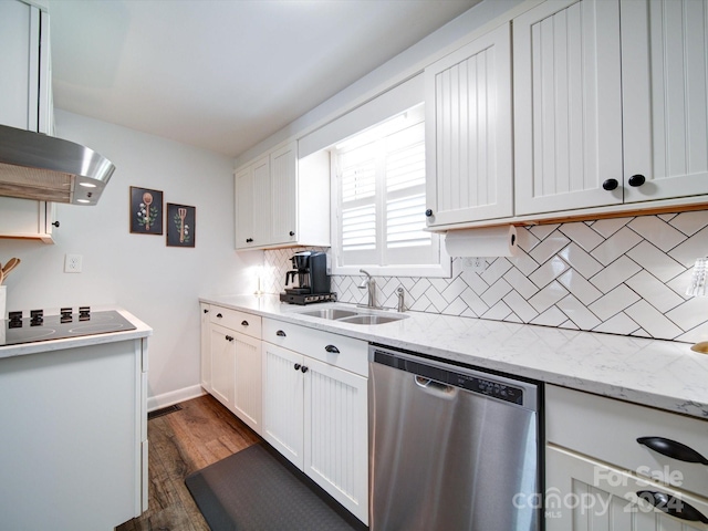 kitchen with white cabinets, sink, dark hardwood / wood-style floors, island range hood, and stainless steel dishwasher