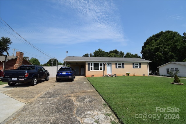 single story home with brick siding, crawl space, a front yard, and driveway
