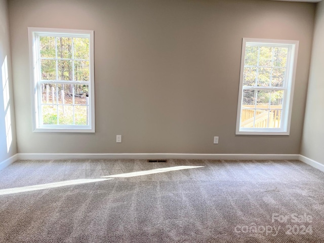 carpeted spare room featuring a wealth of natural light, visible vents, and baseboards