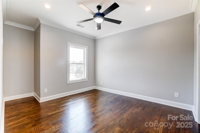 unfurnished room with crown molding, dark hardwood / wood-style flooring, and ceiling fan