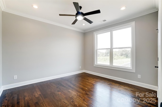 unfurnished room with ceiling fan, dark hardwood / wood-style floors, and ornamental molding