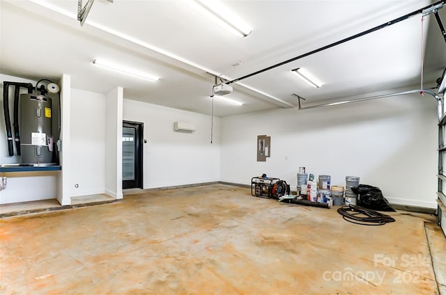 garage with a wall unit AC, electric panel, water heater, and a garage door opener