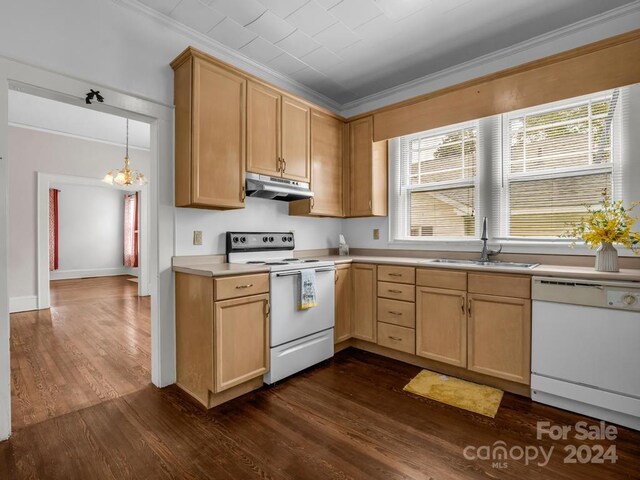 kitchen featuring white appliances, an inviting chandelier, crown molding, sink, and dark wood-type flooring