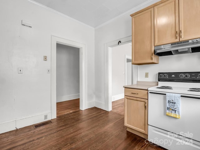 kitchen with electric stove, dark hardwood / wood-style flooring, ornamental molding, and light brown cabinets