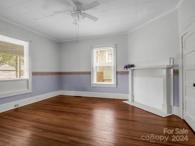 interior space featuring ceiling fan, ornamental molding, and hardwood / wood-style floors