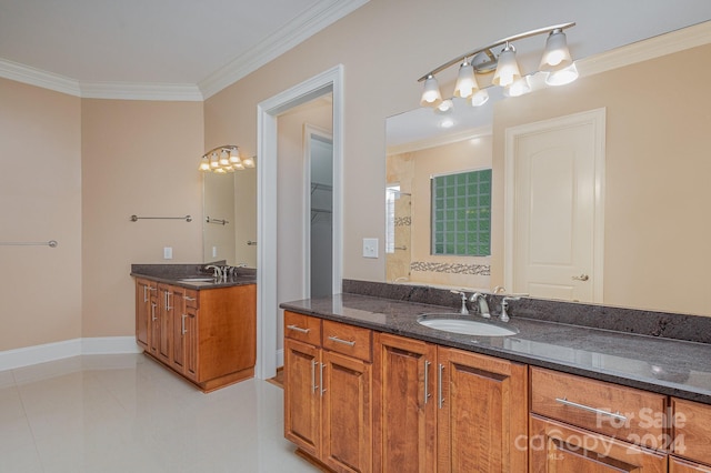 bathroom with tile patterned floors, vanity, a shower, and crown molding