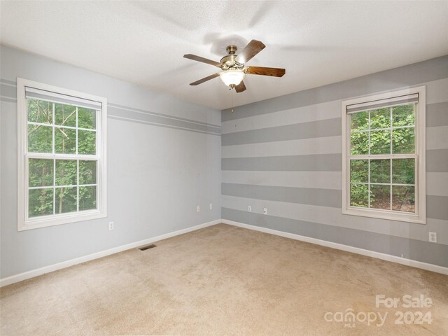 carpeted spare room with ceiling fan