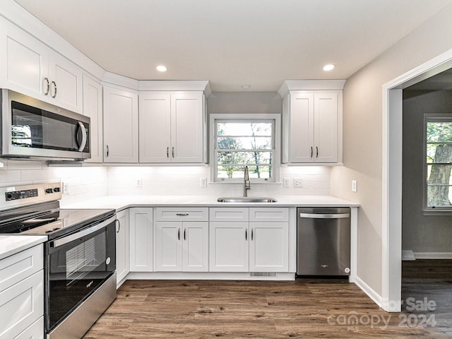 kitchen with sink, stainless steel appliances, plenty of natural light, and hardwood / wood-style floors