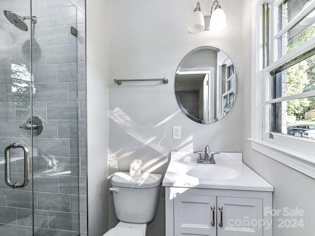 bathroom with a shower with door, toilet, and vanity