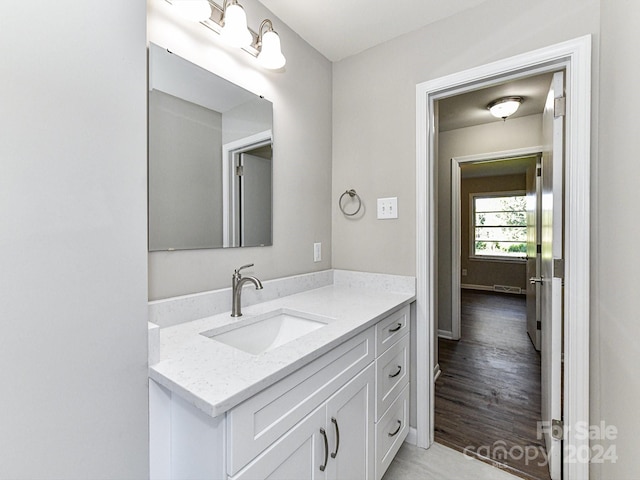 bathroom featuring hardwood / wood-style flooring and vanity