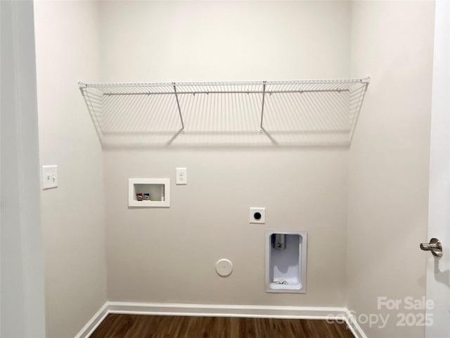 laundry area with electric dryer hookup, hookup for a gas dryer, washer hookup, and dark hardwood / wood-style floors