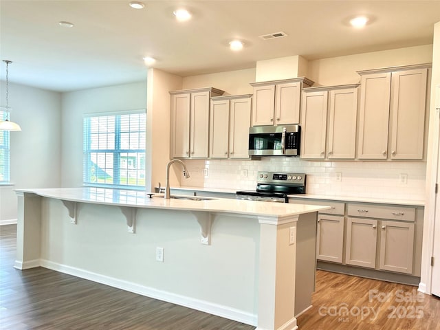 kitchen with a kitchen breakfast bar, stainless steel appliances, a center island with sink, and sink