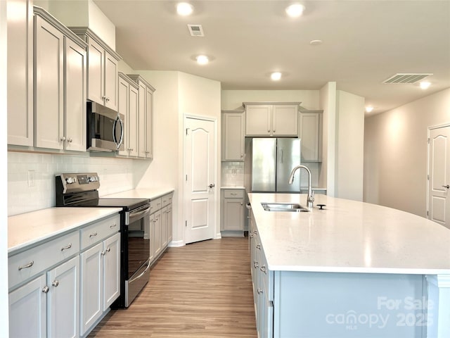 kitchen with light wood-type flooring, tasteful backsplash, gray cabinetry, stainless steel appliances, and sink